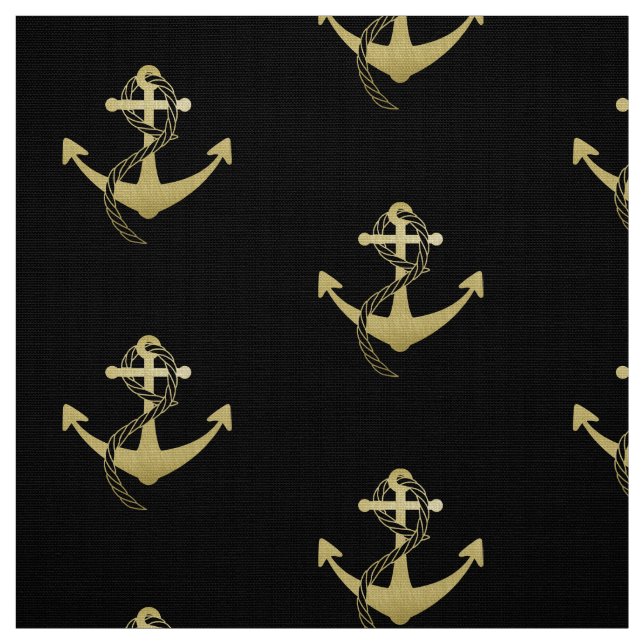 Gold and Black Nautical Anchor Fabric (Swatch)