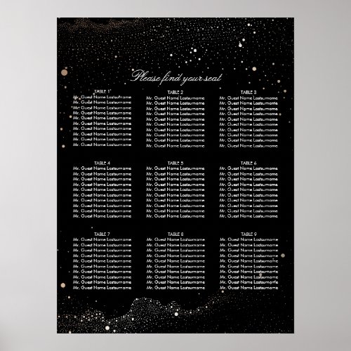 Gold and Black Night Stars Wedding Seating Chart