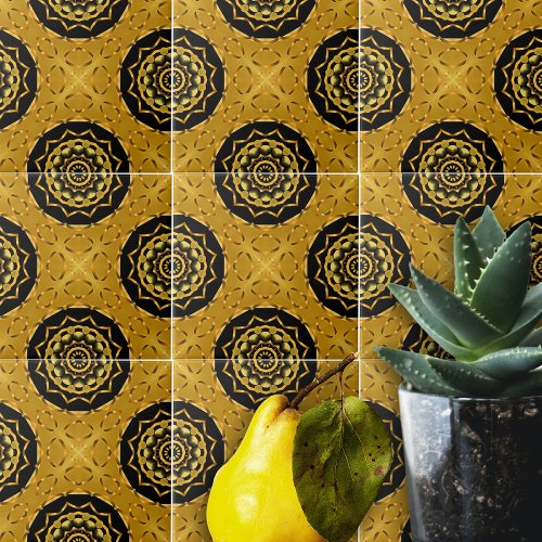 Gold and Black Oriental Arabesque Geometric Mosaic Ceramic Tile