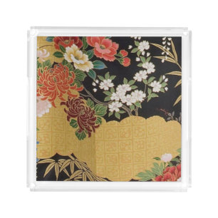 Gold and Black Oriental Japanese Kimono Floral  Acrylic Tray