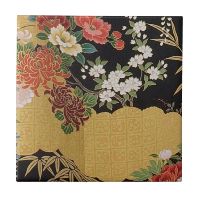 Gold and Black Oriental Japanese Kimono Floral  Ceramic Tile (Front)
