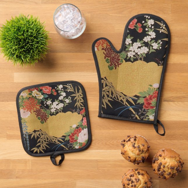 Gold and Black Oriental Japanese Kimono Floral  Oven Mitt & Pot Holder Set (Top Down)
