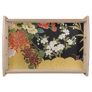 Gold and Black Oriental Japanese Kimono Floral  Serving Tray