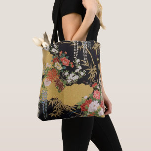 Gold and Black Oriental Japanese Kimono Floral Tote Bag