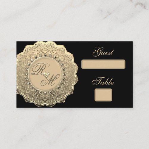 Gold and Black Ornamental Monogram Place Card