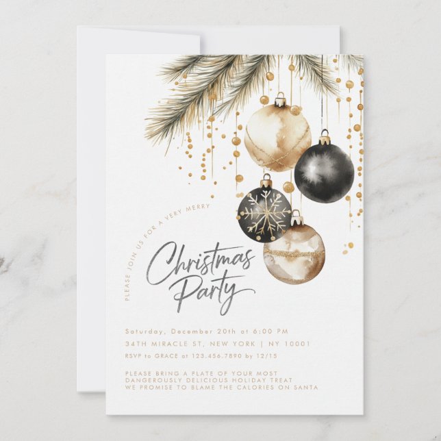Gold And Black Ornaments Baubles Christmas Party Invitation (Front)