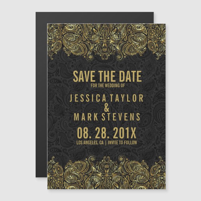 Gold And Black Paisley Lace & Damasks Magnetic Invitation (Front/Back)