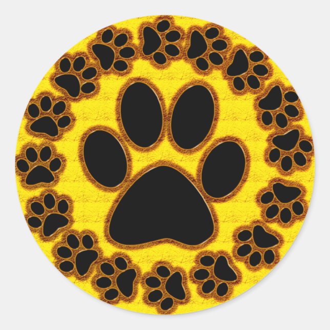 Gold and Black Paw Prints Classic Round Sticker (Front)