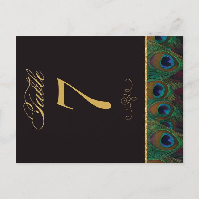 Gold and Black Peacock Feather Table Number (Front)