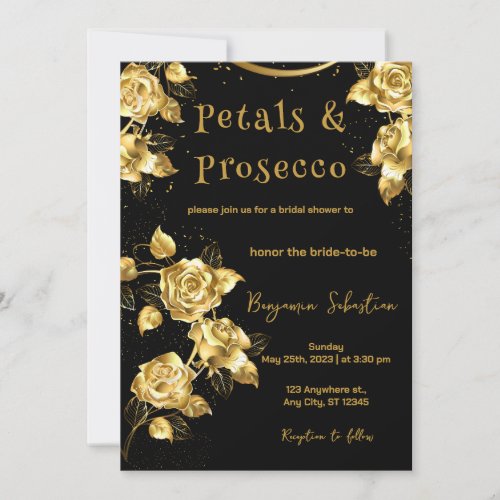 Gold and Black Petals and Prosecco Bridal Shower  Invitation