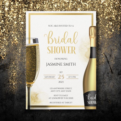 Gold and Black Petals and Prosecco Bridal Shower Invitation