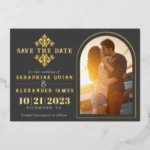 Gold and Black Photo Arch   Elegant Save the Date Foil Invitation