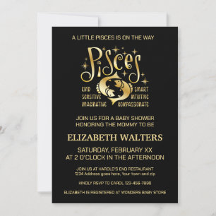 Gold and Black Pisces Zodiac Baby Shower Invitation