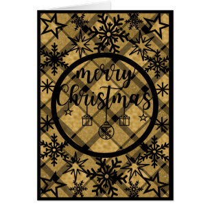 Gold and Black Plaid Behind Black Christmas Text Cards