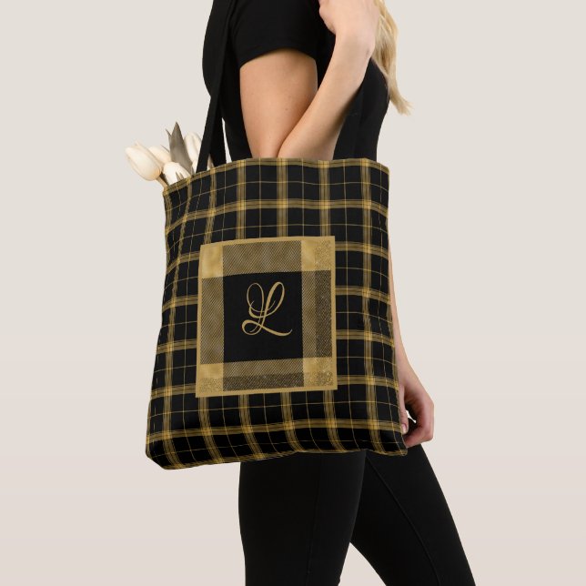 Gold and Black Plaid Elegant Personalized Tote Bag (Close Up)