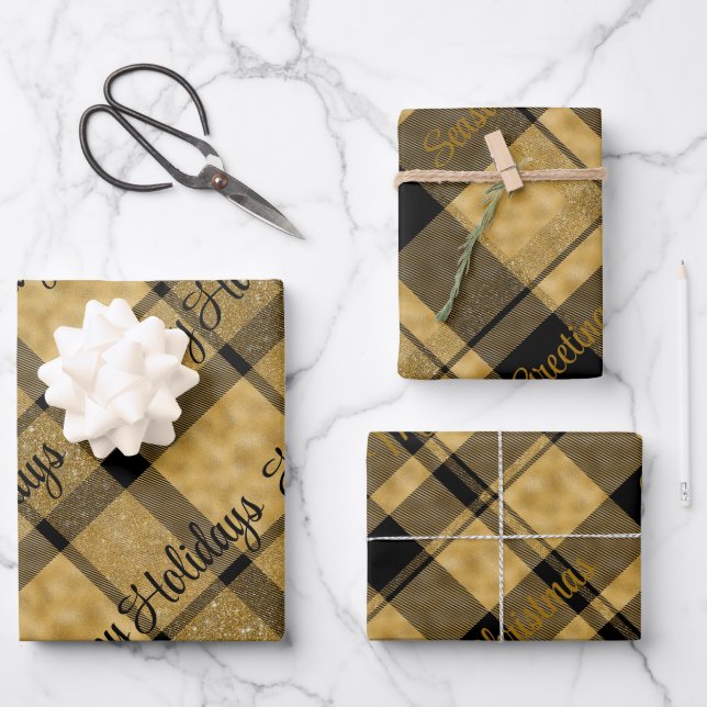 Gold and Black Plaid With Christmas Text  Wrapping Paper Sheets (Front)