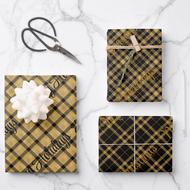 Gold and Black Plaid With Christmas Text Wrapping Paper Sheets (Front)