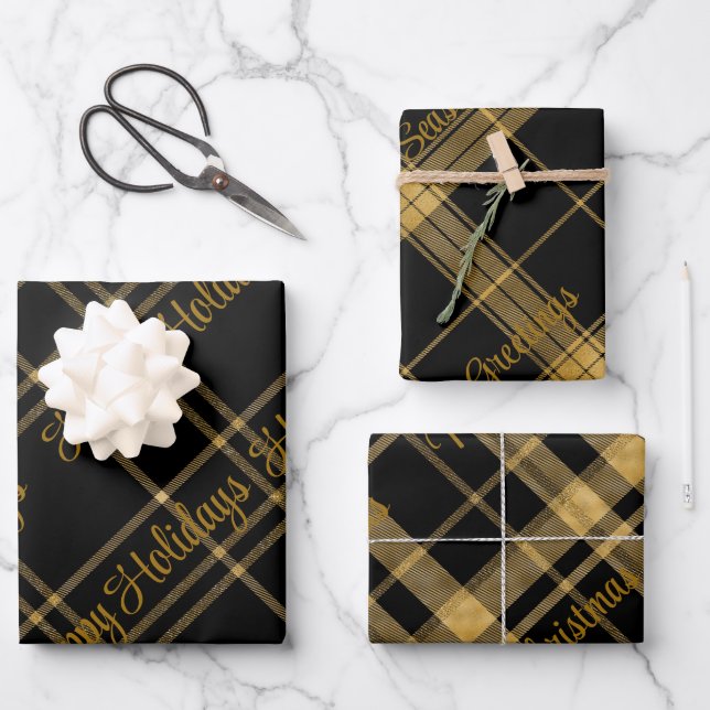 Gold and Black Plaid With Christmas Text Wrapping  Paper Sheets (Front)