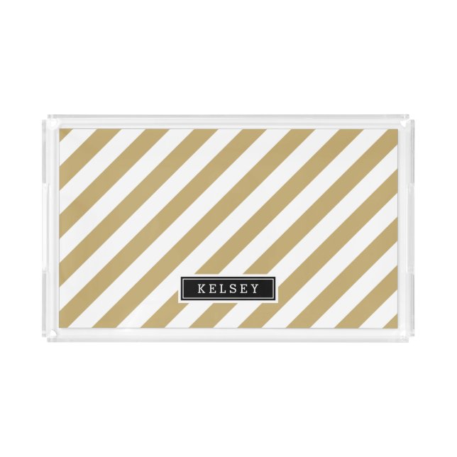 Gold and Black Preppy Stripes Monogram Acrylic Tray (Front)