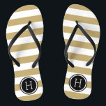 Gold and Black Preppy Stripes Monogram Flip Flops<br><div class="desc">Custom printed flip flop sandals with a preppy nautical stripe pattern and your custom monogram or other text in a circle frame. Click Customize It to change text fonts and colors or add your own images to create a unique one of a kind design!</div>