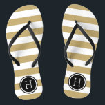 Gold and Black Preppy Stripes Monogram Flip Flops<br><div class="desc">Custom printed flip flop sandals with a preppy nautical stripe pattern and your custom monogram or other text in a circle frame. Click Customize It to change text fonts and colors or add your own images to create a unique one of a kind design!</div>