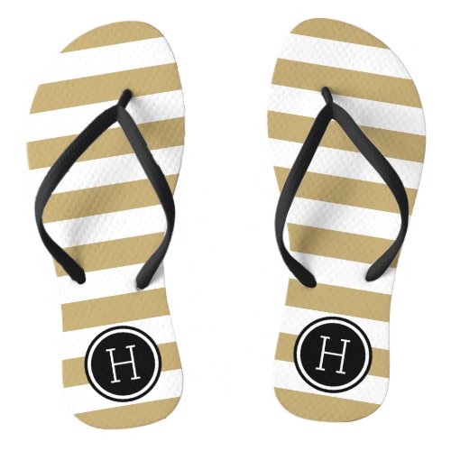 Gold and Black Preppy Stripes Monogram Flip Flops