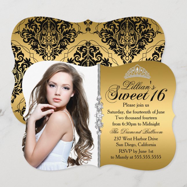 Gold and Black Princess Tiara Sweet 16 Birthday Invitation (Front/Back)