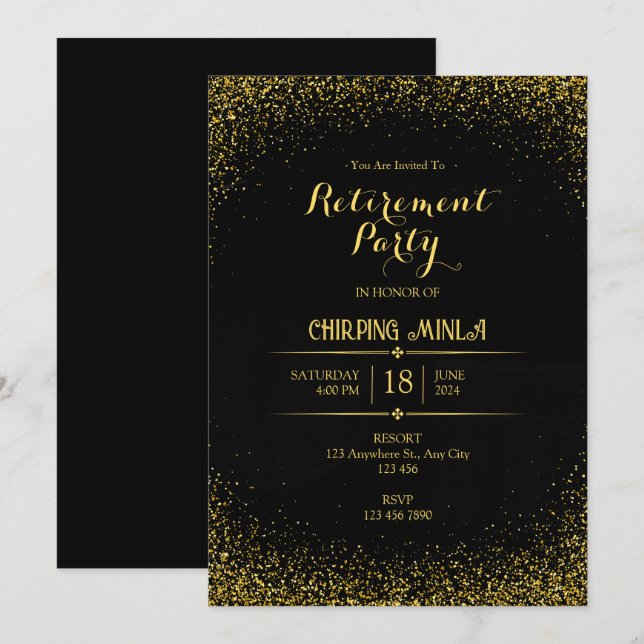Gold and Black Retirement Party Invitational Card (Front/Back)