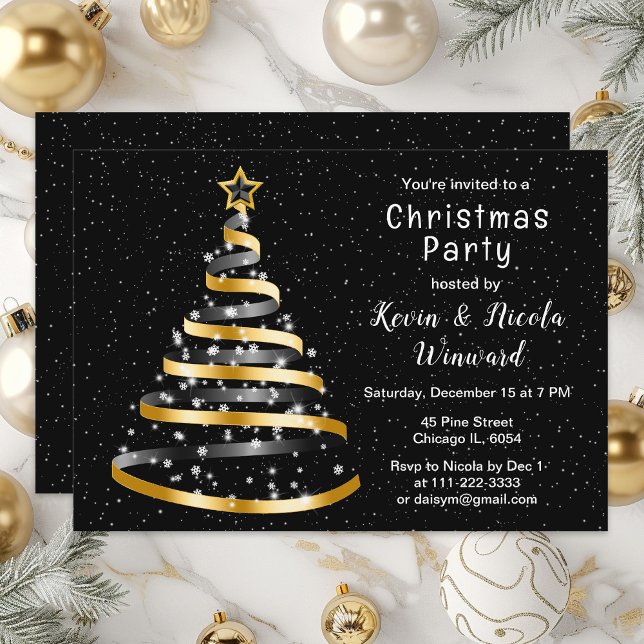 Gold and Black Ribbon Tree Christmas Party Invitation (Creator Uploaded)
