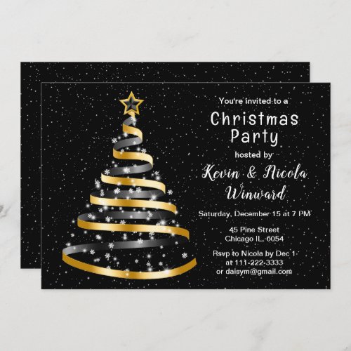 Gold and Black Ribbon Tree Christmas Party Invitation