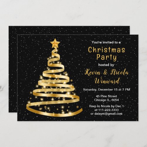 Gold and Black Ribbon Tree Christmas Party Invitation