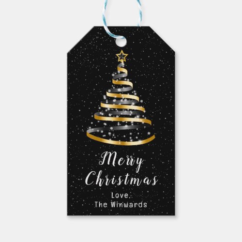 Gold and Black Ribbon Tree Merry Christmas Gift Tags