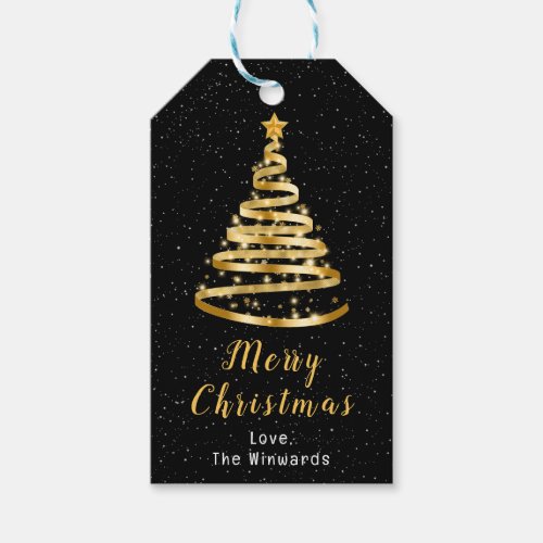 Gold and Black Ribbon Tree Merry Christmas Gift Tags