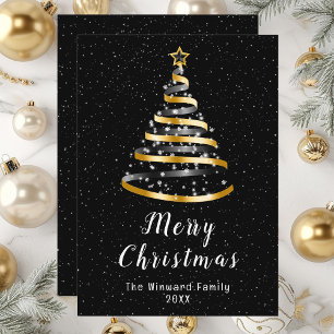 Gold and Black Ribbon Tree Merry Christmas Holiday Card