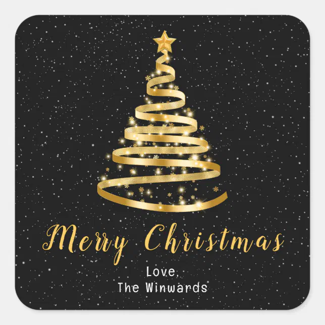 Gold and Black Ribbon Tree Merry Christmas Square Sticker Zazzle