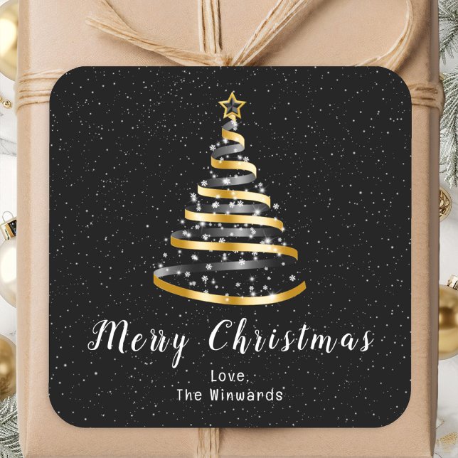 Gold and Black Ribbon Tree Merry Christmas Square Sticker (Creator Uploaded)