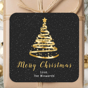 Gold and Black Ribbon Tree Merry Christmas Square Sticker