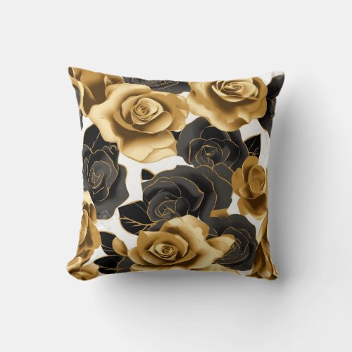 Gold and Black Roses with Gold Rose Petals Pillow