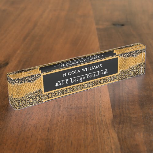 Gold and Black Safari Jungle Animal Print Agate Desk Name Plate