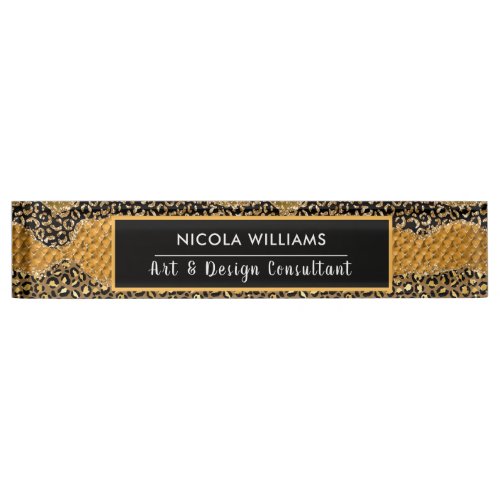 Gold and Black Safari Jungle Animal Print Agate Desk Name Plate