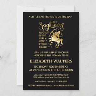 Gold and Black Sagittarius Zodiac Baby Shower Invitation
