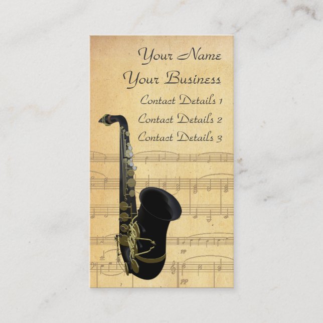 Gold and Black Saxophone Sheet Music Business Card (Front)