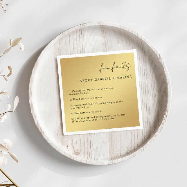 Gold and Black Script Fun Facts Newlyweds Wedding Napkins (Creator Uploaded)
