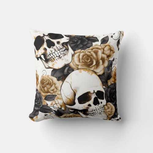 Gold and Black Skull with Flowers Pillow