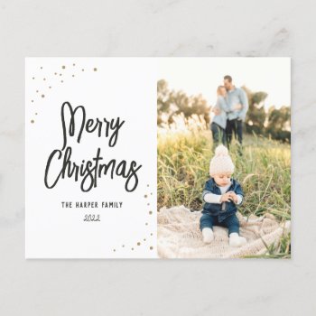Gold And Black Snow Script Photo Holiday Postcard by NBpaperco at Zazzle