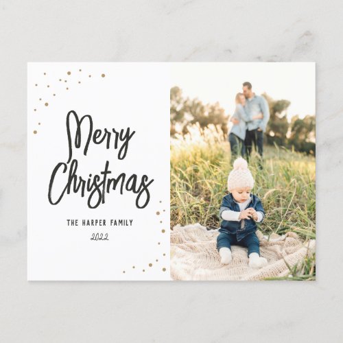 Gold and Black Snow Script Photo Holiday Postcard