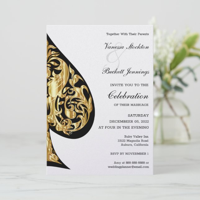 Gold and Black Spade Wedding Invitation (Standing Front)