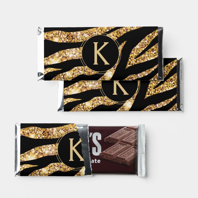 Gold and Black Sparkle Monogram Hershey Bar Favors (Front)