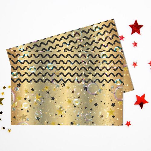 Gold And Black Stars Bubbles Wavy Stripes Party Tissue Paper