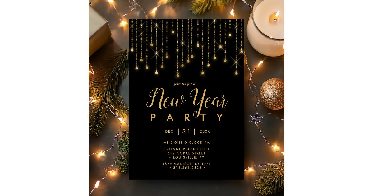 Gold and Black String Lights New Years Eve Party Invitation | Zazzle